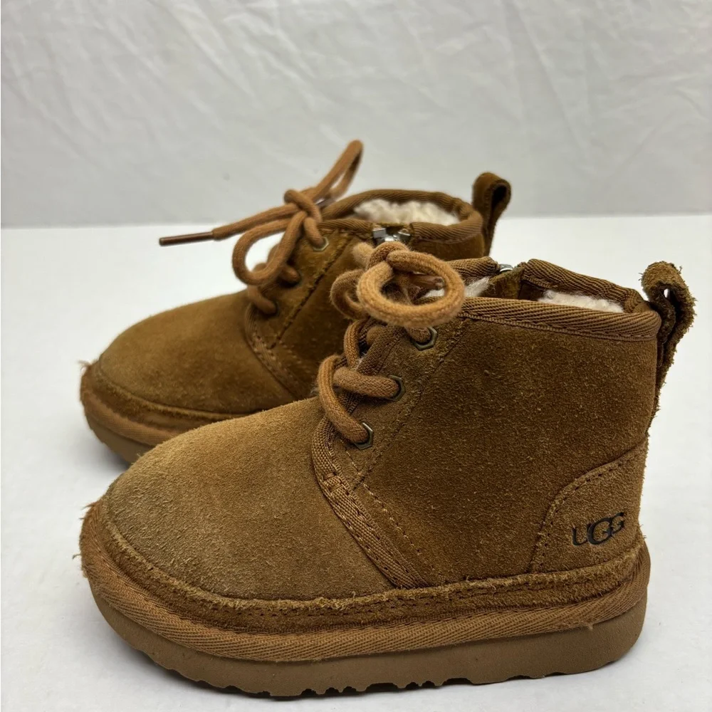 Ugg Kids Brown Suede Lace-Up Boots with Shearling Trim size 8 for toddler boy